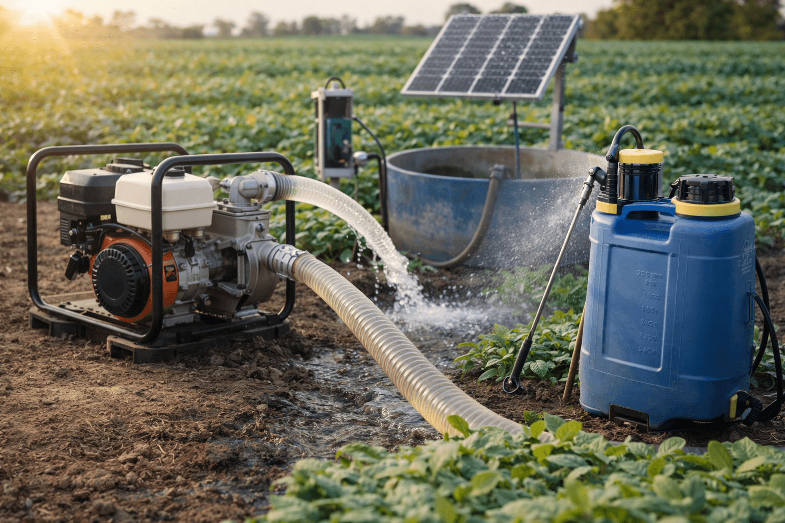 Equipo de bombeo y fumigación instalado en zona de cultivo