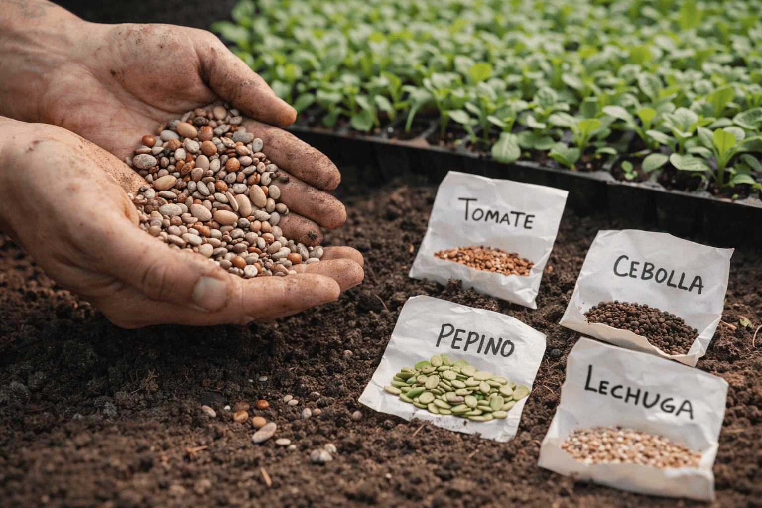 Sobres de semillas sobre tierra preparada para la siembra